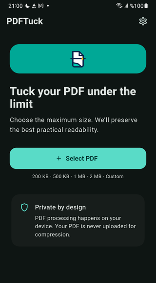 PDFTuck start screen with the Select PDF button and the size presets 200 KB, 500 KB, 1 MB, 2 MB and Custom