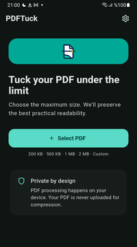 PDFTuck start screen with the Select PDF button and size presets