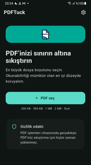 PDFTuck başlangıç ekranı: PDF seç düğmesi ve 200 KB, 500 KB, 1 MB, 2 MB, Özel hazır hedefleri