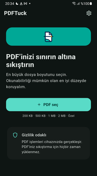 PDFTuck başlangıç ekranı: PDF seç düğmesi ve hazır hedefler