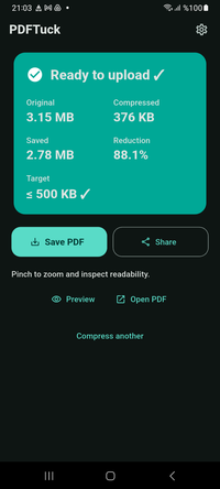 PDFTuck result screen with original and compressed sizes and the target marked as met